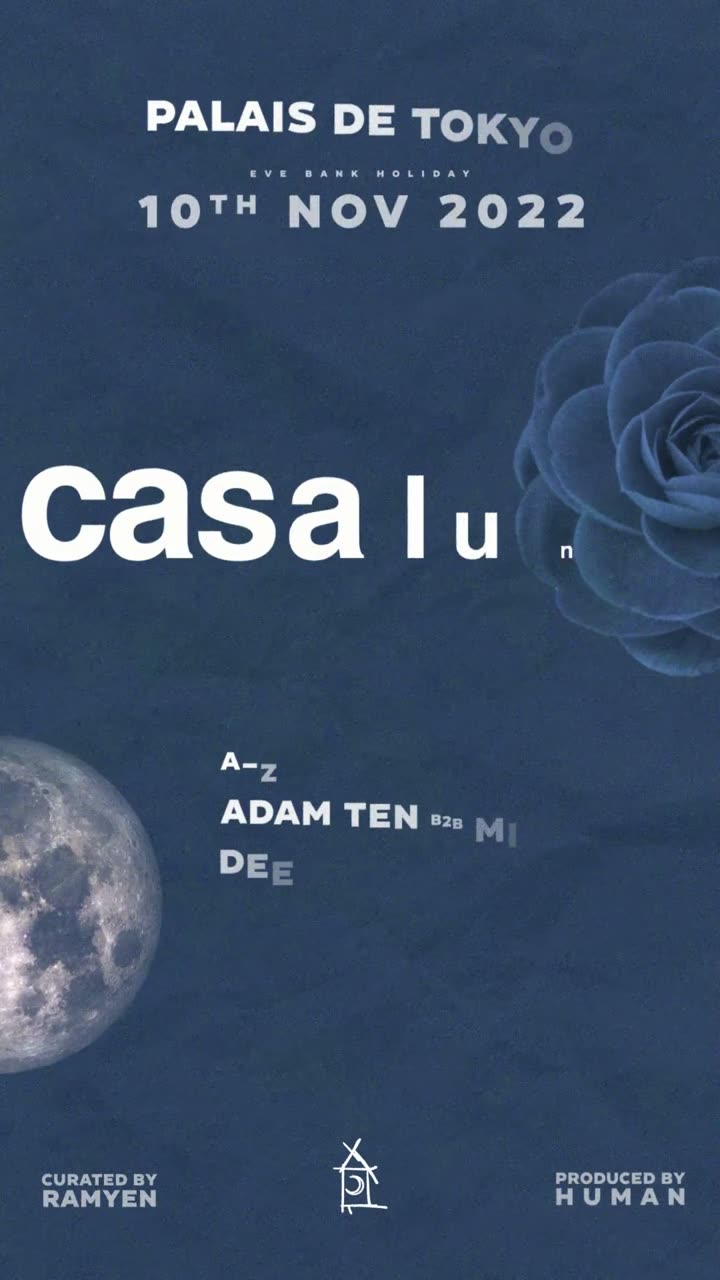 Casa Luna key art: a blue ground with a camellia and the moon, Palais de Tokyo, 10th Nov 2022.